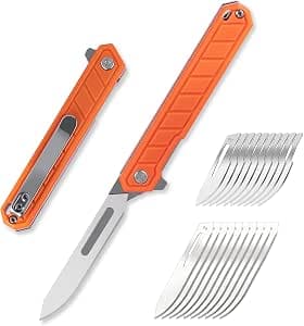 Tops Home Mini Folding Scalpel – Slim G10 Handle with Back Clip, Liner Lock Pocket Knife for Crafts, Utility Box Cutter, Includes 20 Replaceable Blades (#24 & #60) (Orange)