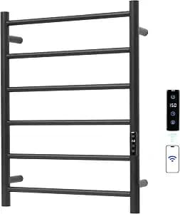 Electric Towel Rack with Voice Control for Alexa & Google Home,TUYA - Wall-Mounted Bathroom Heating Towel Warmer,Plug-in,Stainless Steel Material (Black with WiFi, 6 Bar)