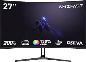Amzfast Curved Screen 27 Inches 200Hz, FHD Monitor (1920x1080), 1MS MPRT, Curved Gaming 1500R, Low Blue Light, Adaptive Sync, HDR, sRGB 130%, DP 1.2 HDMI 1.4, AMZG27C1