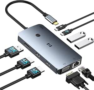USB C Docking Station 4 Monitors 9 in 1 Laptop Docking Station Dual Monitor USB C Hub Multi Monitors Adapter with Dual HDMI, DisplayPort, VGA, 1Gbps Ethernet, PD 100W, 3 USB A/C 3.0 for Dell HP