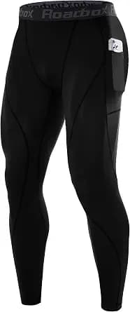 Roadbox Mens Compression Pants Running Tights with Pockets Sports Workout Leggings Athletic Base Layer for Cycling Basketball