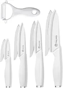 Pure Strengthening Ceramic Knife Set for Kitchen with Sheath 9Pcs: 100% Zirconia Ceramic Sharp Blade Fruit Cutting Knives with Cover Rustproof Clean Cut Edge White Handle