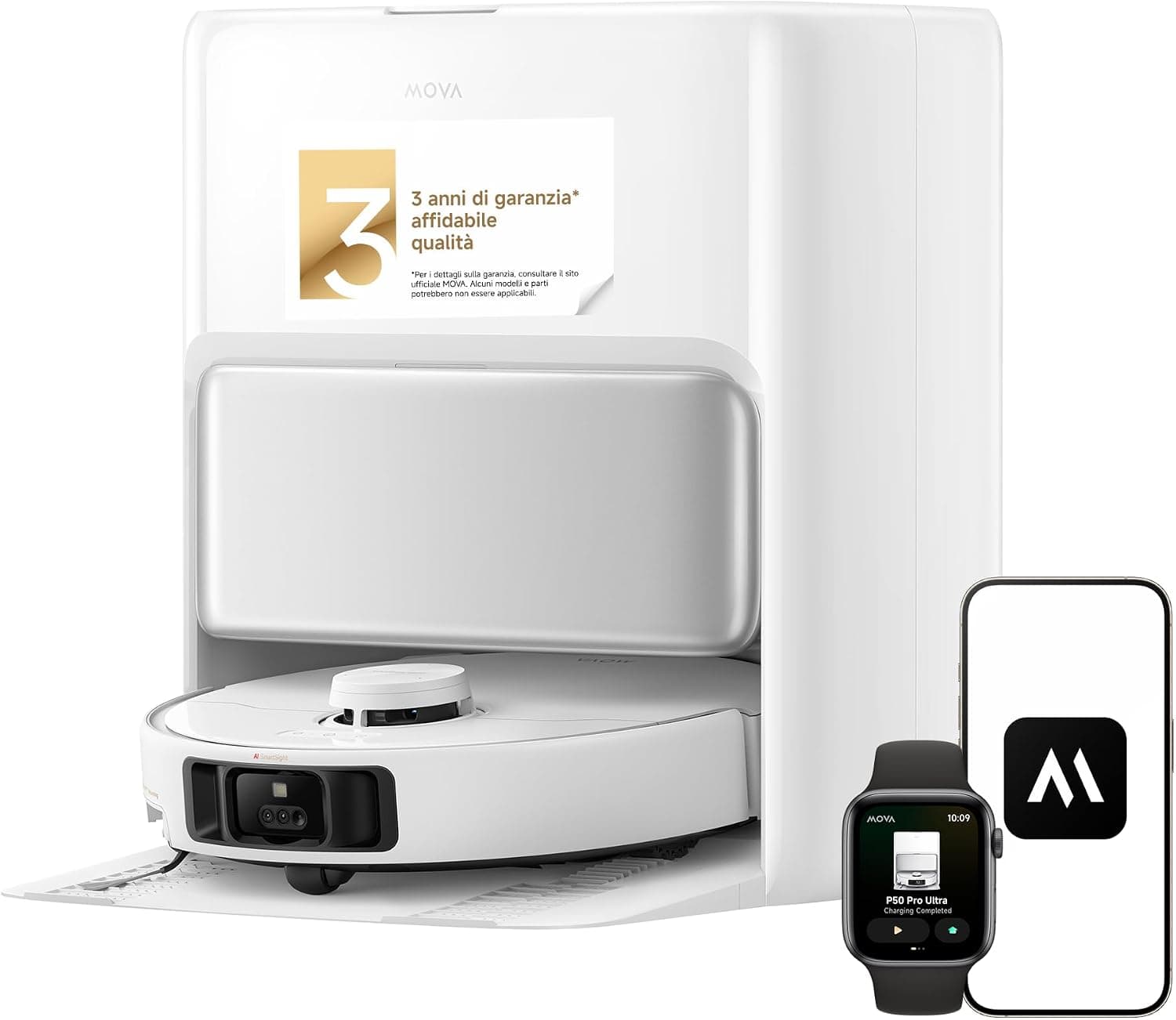 Mova P50 Pro Ultra Robot Aspirapolvere 19000 Pa con Mocio Flessibile, Spazzola Antigroviglio, Svuotamento e Pulizia Auto, Ostacoli Smart, Controllo Vocale, Video e App