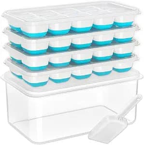 DOQAUS Ice Cube Tray with Lid and Bin - 4 Pack Silicone Ice Cube Trays for Freezer, Stackable Ice Bucket Kits with Storage Container & Scoop for Kitchen, RV, Cocktail, Coffee