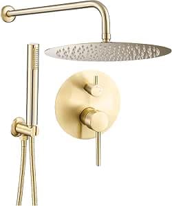 VALAZ Jucar Series Flush-Mounted Shower Fitting Brushed Gold PVD Protection | Shower System with Rain Shower Rain Effect | 2-Way Single Lever Shower, Stainless Steel, Shower Head 20 cm | Quick Wall Mounting, Elegant, Jucar Series