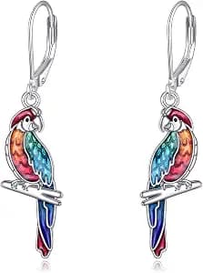 URONE Parrot Earrings 925 Sterling Silver Tropical Parrot Dangle Earrings Parrot Jewelry for Women