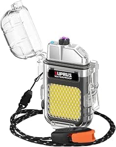 SUPRUS Waterproof Glow Lighter, 3 Modes Flashlight Windproof Double Arc Electric Lighter Rechargeable Dual Arc Plasma Lighter with Survival Emergency Whistle and Lanyard
