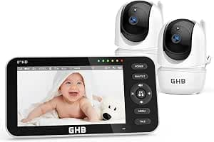 GHB Baby Monitor with 2 Cameras 5 Inch 720P HD IPS Display with 4000 mAh Battery Pan/Tilt 350°/110° VOX Mode Intercom Night Vision Temperature Display