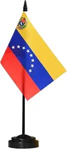 Anley Venezuela Deluxe Desk Flag Set - 6 x 4 Inch Miniature Venezuelan Desktop Flag with 12" Solid Pole - Vivid Color and Fade Resistant - Black Base and Spear Top
