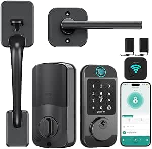 Smart Front Door Lock Handleset: SMONET Wi-Fi Keyless Entry Fingerprint Keypad Deadbolt & Alexa Compatible, Auto Lock, APP Remote Control, Fob & Password for Home, Rental, Black