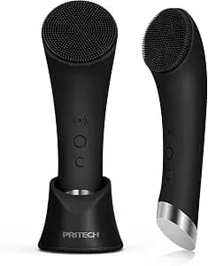 PRITECH Facial Cleansing Brush, Rechargeable Silicone Face Scrubber with Heat Massage End, Vibrating Exfoliator Scrubber for Deep Cleaning, Waterproof Face Brush for Women and Men (Black)