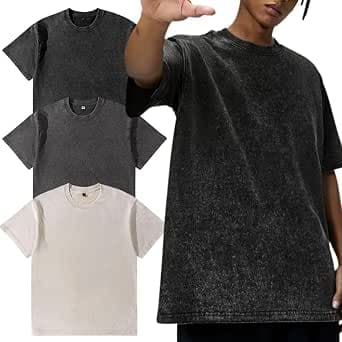Men’s Oversized T-Shirt,Pack of 3, Men's Basic Cotton T-Shirt Summer，Retro Washed Top, Unisex Fashion, Hip Hop Vintage Casual Tee Shirts