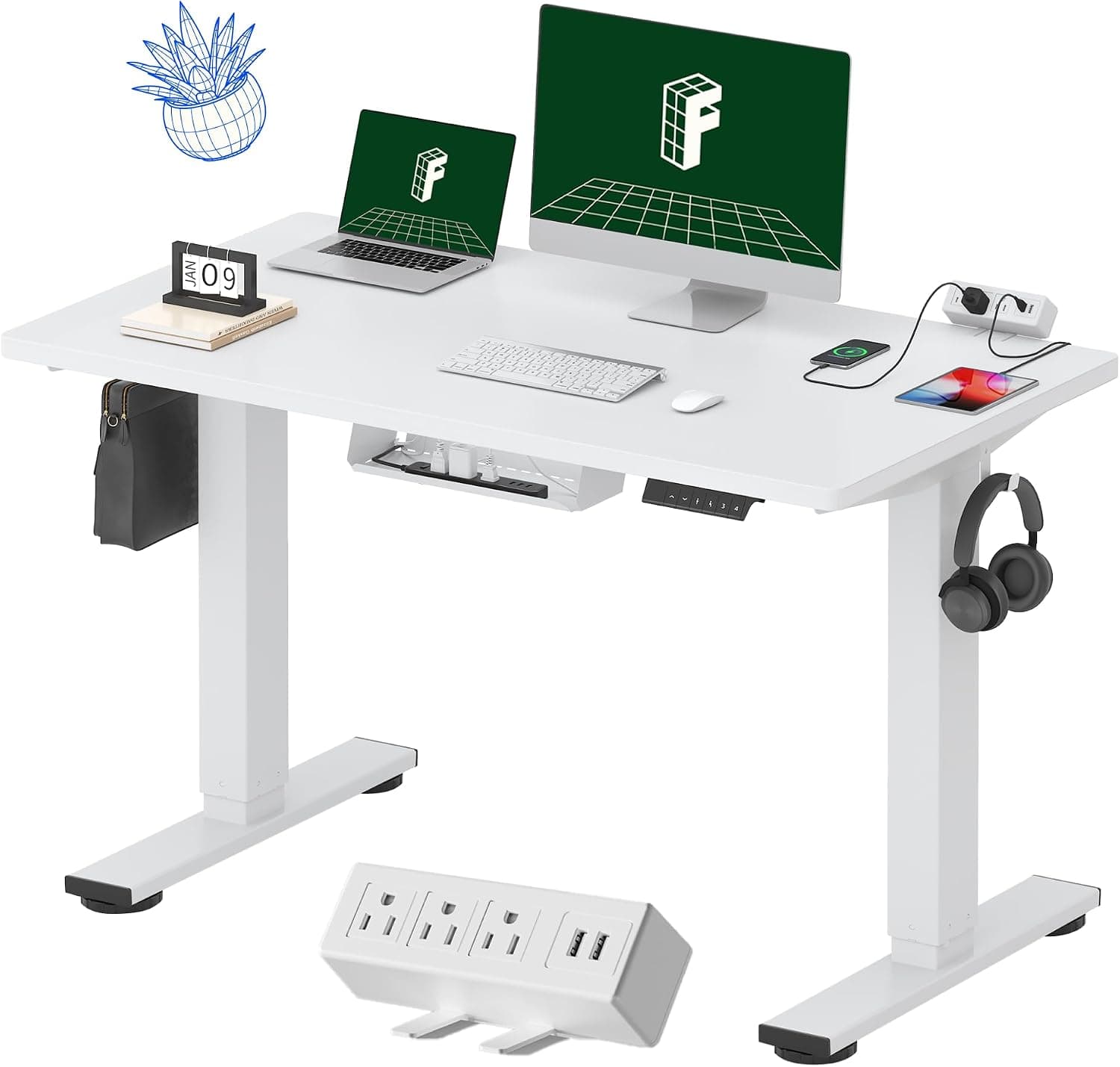 FLEXISPOT EN2 48"x24" Whole-Piece Standing Desk with Power Strip, White