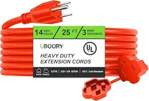 Outdoor Extension Cord Waterproof 25 FT, Orange 14/3 SJTW Heavy Duty, Flexible 100% Copper 3 Prong Extension Cord for Lawn, Garage,UL Listed
