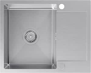 VBChome Built-in Stainless Steel Sink, 60 x 48 cm, Brushed, Large Bowl with Draining Board, 2 Tap Holes, Siphon Included, Kitchen Sink for 45 cm Base Cabinet, Sink for Kitchen