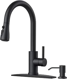 FORIOUS Black Kitchen Faucet with Soap Dispenser and Pull Down Sprayer, Bar High Arc Single Handle Classic 3 Modes Stainless Steel Faucet for Kitchen Sink Farmhouse RV Laundry Camper