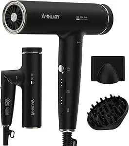 ANNLARY Plasma Ion Hair Dryer with Diffuser for Curly Hair, 110000 RPM Professional High Speed Blow Dryer with Plasma Ion, 1500W Foldable Travel Hairdryer with 6.5 Ft Cord Fast Drying for Women Men