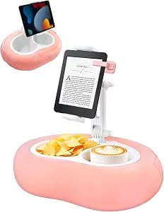 Tablet Pillow Stand, Compatible with 4.7"-12.9" Kindle, iPad, Phone/Tablet, Google, 360° Rotating Phone Holder for Bed, Detachable Bowl, Reading and Relaxation on Bed, Pink, Small (Velvet Pillow)