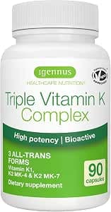Igennus High Strength Triple Vitamin K Complex 2700 mcg, K1 & K2 (MK-4 & MK-7), 1-a-Day, Clean Label, Advanced Bioactive Forms, Bone & Cardiovascular Support, Vegan, 90 Fast Action Capsules