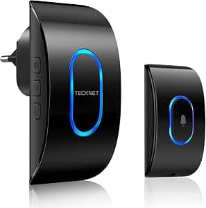 TECKNET Waterproof Outdoor Wireless Doorbell, IP65 Waterproof Chime 400 Metres, 60 Melodies and 5 Levels Volume, Kit of Receiver and Transmitter, LED Indicator for Home, Living Room, Office - Black