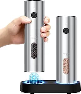 Ringco Electric Salt and Pepper Grinder Set with Charging Base, Rechargeable Salt and Pepper Mill with Adjustable Coarseness, LED Light, 110ml Large Capacity for Kitchen, Outdoors, Gifts for Women