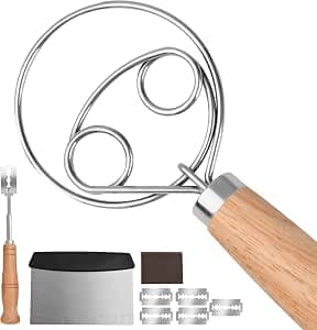 Danish Dough Whisk【Set of 3】 Wooden Bread Whisk with Stainless Steel Hook, Dough Scraper & Lame Scoring Tool Blades - Sourdough, Pizza, Pastry Baking Supplies - Dutch Whisk & Dough Cutter Kit.
