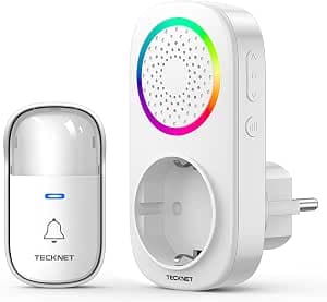 TECKNET Wireless Doorbell, 300M Self-Powered Wireless RGB Doorbell, IP65 Waterproof Electronic Chime Kit with Plug-in Receivers, 60 Melodies, 5 Levels Volumes