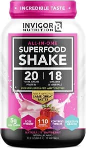 INVIGOR8 Superfood Grass Fed Whey Protein Isolate Shake Natural Strawberry Gluten-Free and Non GMO Meal Replacement with Probiotics and Omega 3 (645g)