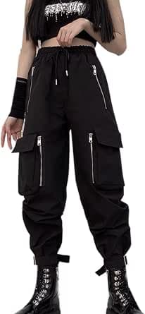 Black Cargo Pants Women Loose Chained Pants Multi-Pocket Multi-Zip Punk Goth Pants
