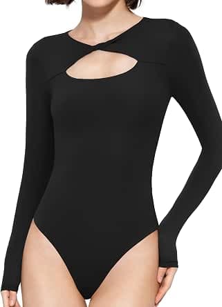 PUMIEY Women's Knot Front Long Sleeve Bodysuit Crew Neck Body Suits Sexy Tops Smoke Cloud Pro Collection
