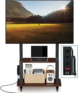 Rolling TV Stand with Power Outlet, Mobile TV Stand on Wheels with Wood Shelf for 32 to 75 inch Television, Height Adjustable Portable Black TV Cart, Holds up to 130LBS, Vesa 600×400mm.
