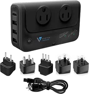 International Travel Adapter & Voltage Converter 220V to 110V, with 2 Standard AC outlets, 5 adaptors (US Power Cable, Type C/L/I/M/G), Fast Charging Type-C Port, & 3 USB Ports.