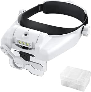 HOMGEN Headband Magnifier Head Magnifying Glasses with Light Magnifying Glasses Headset with LED Light Rechargeable Upgrade Head Magnifier 5 Lenses for Crafts Reading Closework