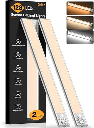 Gritin 14.7inch Under Cabinet Lighting Rechargeable 2 Pack- 3 Color Temps&5 Level Brightness, Super Bright, 4 Modes, Motion Sensor, Long Lasting - Easy Installation Magnetic Under Closet Lights-Silver
