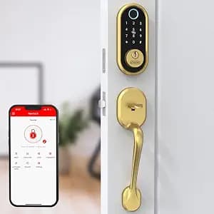 Smart Lock SMONET Keyless Entry Front Door Lock Set Fingerprint Deadbolt Keypad Handleset Biometric Digital Smart Bluetooth Deadbolt Works with Alexa Gold