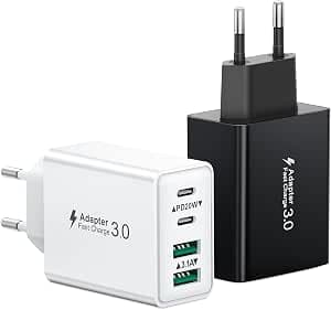 USB C Plug, 2-Pack Multiple USB Charger Power Supply USBC Fast Charger 40W 4-Port Fast Charger PD 3.0 Power Adapter + QC Charging Plug for iPhone 17 16 15 14 13 12 11 Pro Max Plus, iPad, Samsung
