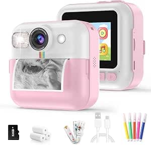 Kids Instant Print Camera, 1080P Kids Digital Camera with 3 Rolls Photo Paper & 32GB Card, Toddler 3-10 Year Old Girl Birthday Gifts, Childrens Funny Toys for Boys(Pink)