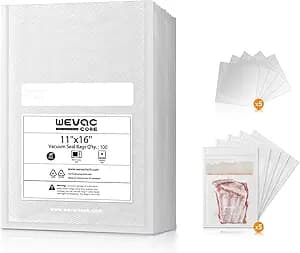 Wevac 11" x 16" Precut Vacuum Sealer Bags, 100 Count, Includes 5 Liquid Block Bags & 5 Bone Guard Pieces, Heavy Duty for Food Storage, Sous Vide & Meal Prep