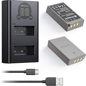 Powerextra 2 Pack Replacement BLS-50 Battery and Dual LCD Battery Charger Kit Compatible with Olympus BLS-5, BLS-50, PS-BLS5 and Olympus OM-D E-M10, Pen E-PL2, E-PL5, E-PL6, E-PL7, E-PM2, Stylus 1