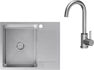 VBChome Stainless Steel Sink with Tap 60 x 48 cm Brushed Stainless Steel Built-in Sink with Two Holes Sink Large Sink Kitchen Sink with Draining Board Siphon