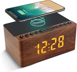 ANJANK Wooden Digital Alarm Clock FM Radio for Bedrooms,10W Fast Wireless Charger Station for iPhone/Samsung Galaxy, 5 Level Dimmer, USB Charging Port, 9 Wake up Sounds, Sleep Timer, Snooze, Bedside