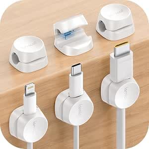 6Pack Spring Cord Holder Clips, [1s Lock] Desk Cord Organizer - Lamicall Cable Management Clips [Cable Smooth Adjustable] Phone Wire Holder, Adhesive Charger Wire Keeper for Nightstand Car, White