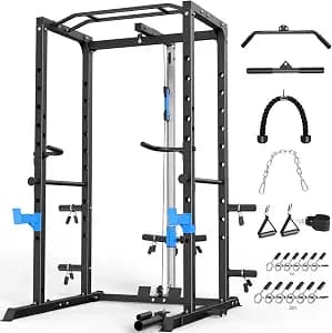 ULTRA FUEGO Power Cage, Multi-Functional Power Rack with J-Hooks, Dip Handles, Landmine Attachment and Optional Cable Pulley System for Home Gym