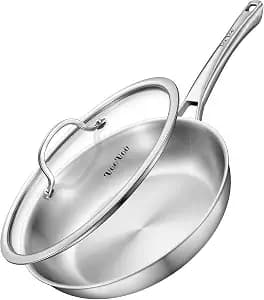 VocVoi 12 inch Tri-Ply Stainless Steel Frying Pan with LID,PFOA&PTFE Free Skillets,Chef's Pans,Dishwasher and Oven Safe Cookware, Works on Induction,Ceramic and Gas Cooktops