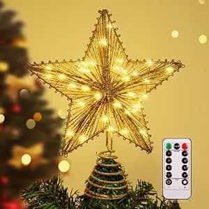 Raxurt Christmas Tree Star Topper, 40 LED Light USB Christmas Star Tree Topper with Lights and Remote Control Decorations for Holiday Indoor Home Decor, 10IN Gold