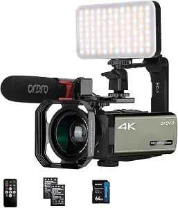 ORDRO 4K Video Camera AX65 Optical Camcorder-3.5'' IPS Touch Screen 12X Optical Zoom Vlogging Camera for LiveStreaming with WiFi, Microphone, LED Light, 64G Card, 2 Batteries