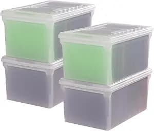 IRIS USA Snap Securing File Box, File Box with Locking Lid, Secure Document Storage Container for Letter/Legal Files, Portable Stackable Filing Organizer with Latches, 4 Pack, Black
