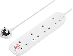 Masterplug Four Socket Extension Lead, 4 Metre Cable, Surge Protection, Power and Surge LED Indicators, Unswitched, 4-Way Plug Extension Cable, Power Strip, White, 13A, 4G, 4m, SRG44N