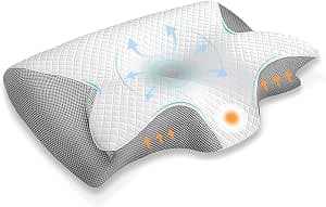 JINER Neck Pillow, Memory Foam Pillow, Orthopaedic Pillow, Ergonomic Sleeping Pillow for Sides, Back and Stomach Sleepers, 62 x 37 x 10/12 cm