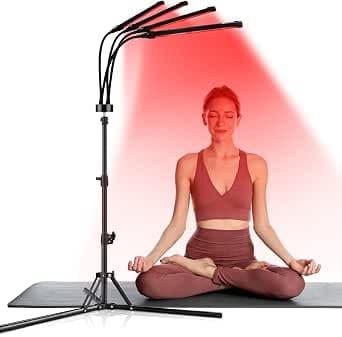 Red Light Lamp with Stand, 660nm Red Light & 850nm Infrared Light, 4 Head LED Floor Lamp, AU Plug, in-Line Controller, 10/20/30 Min Timer, 5 Brightness Levels, Black